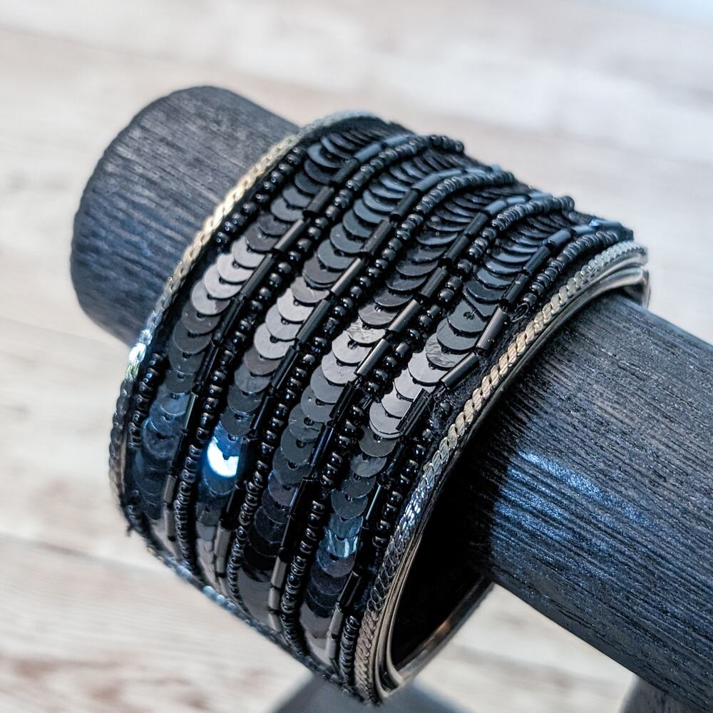 Vintage Hinged Bracelet Chunky Black Sequins - Tarnished